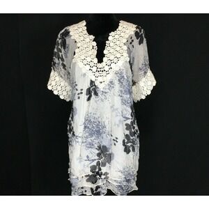 Blue Tassel Dress XS White Black 100% Silk Tunic Crochet Lace Chiffon Tier
